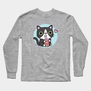 Cute Black Tuxedo Cat Loves Drinking Bubble Tea Long Sleeve T-Shirt